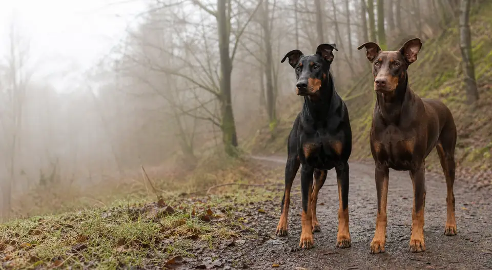 Two Dobermanns walking together through woodland